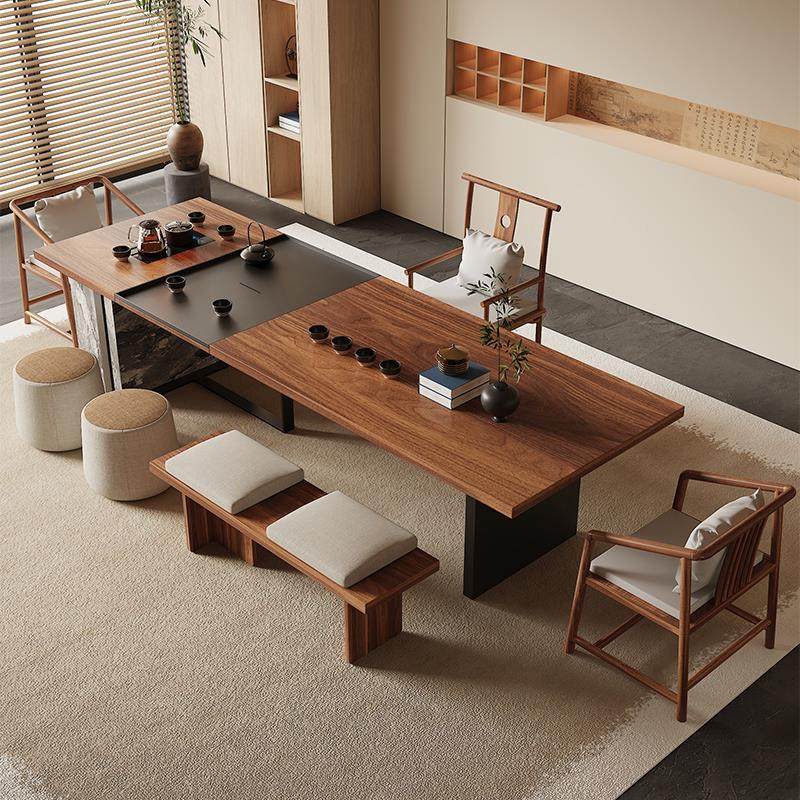 黑胡桃木宋代美学新中式茶桌大板家用客厅实木办公室泡茶茶台一体