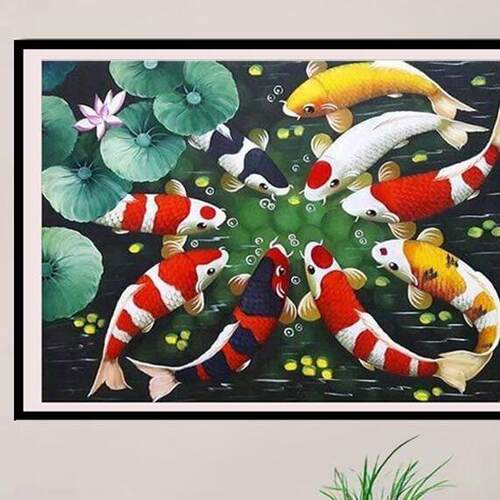 钻石满钻十贴字绣画九鱼荷花钻风景图现代简约新sh024款点绣魔方