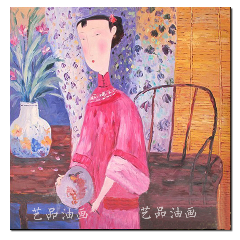 油画纯手绘人物临摹抽象画立体新中式美女庭院风景装饰画茶楼玄关图片