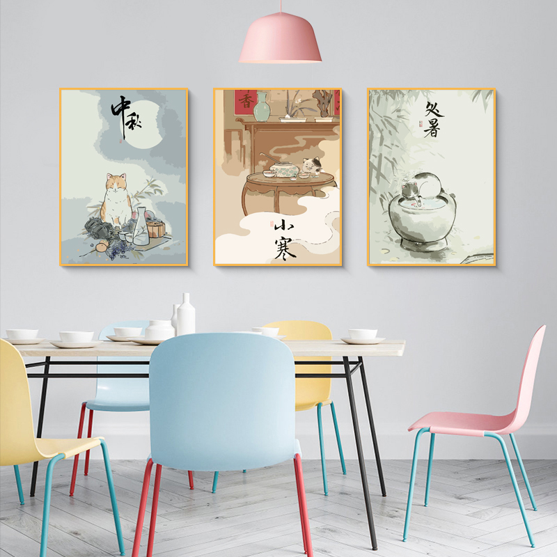 diy数字油画小众填色手绘油彩古风节气猫咪装饰画丙烯填充北欧画图片