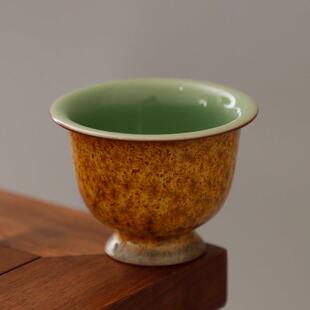 钧窑李峰手作茶叶末钛结晶双面梅子青釉粗陶窑变高足主人杯茶杯