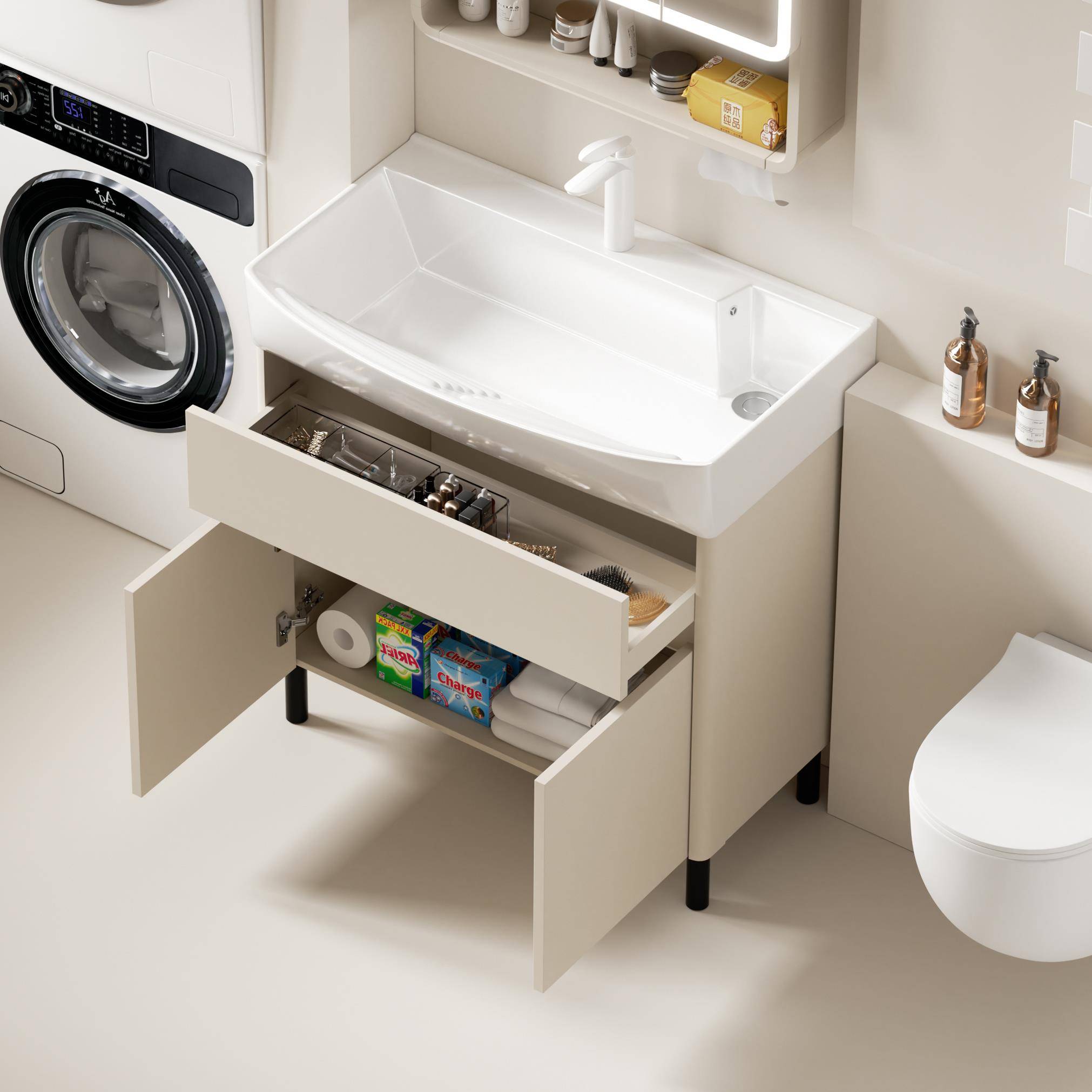 加深阳台洗衣池柜组合落地式洗漱台陶瓷一体盆家用强收纳洗衣机柜