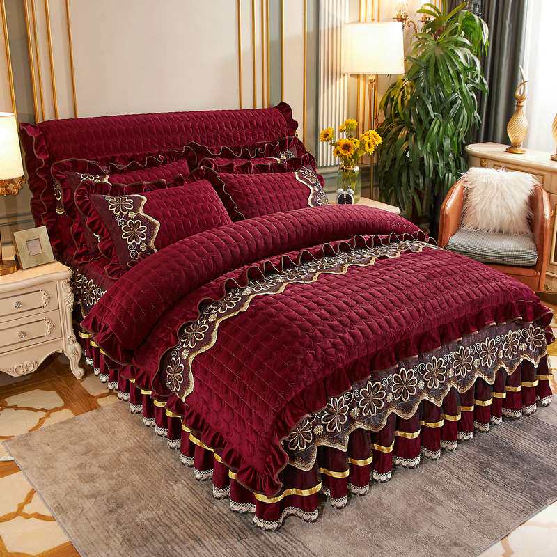 冬季新款素色夹棉水晶绒刺绣床裙四件套加绒加厚绗缝床罩欧式外贸