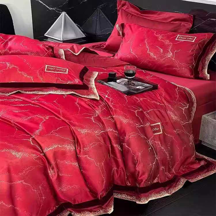 1新婚欧式婚庆100S高精密鎏金提花四件套刺绣结婚红色被套床上用