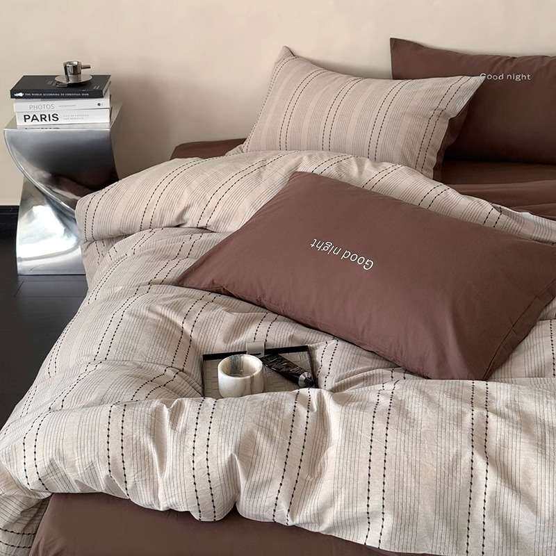 简约柔软全棉四件套色织剪花被套床单纯棉1.8m1.5米双人床上用品