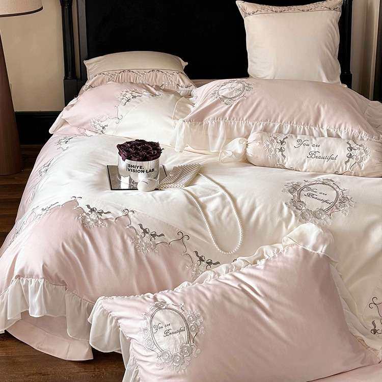 法式蕾丝荷叶边100支长绒棉四件套纯棉贡缎被套全棉欧式刺绣床品