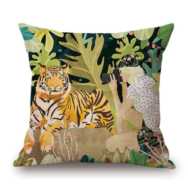 现代欧式创意老虎女孩抱枕套沙发靠垫办公室护腰靠垫套床头靠背垫