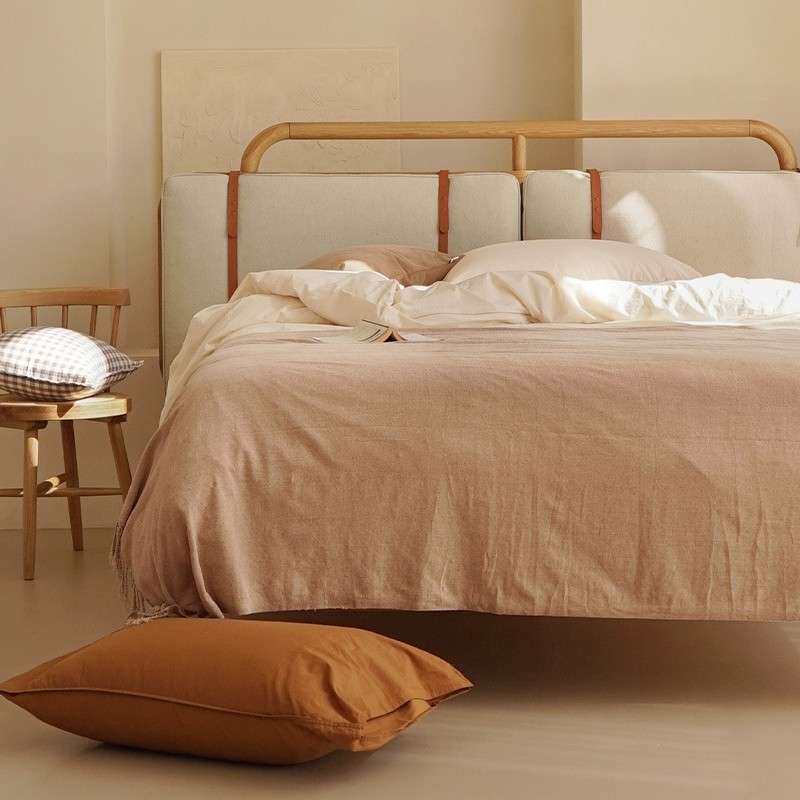 藤编实木实木床双人主卧日式简约家具北欧婚床可拆卸软靠