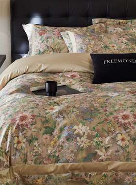 2美式风格花卉数码印花超柔寝具裸感床品高级感纯棉长绒棉四件套