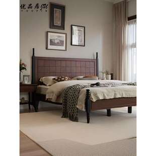 美式复古实木床黑胡桃木中古风1.5米1.8米主卧双人床原木家具婚床