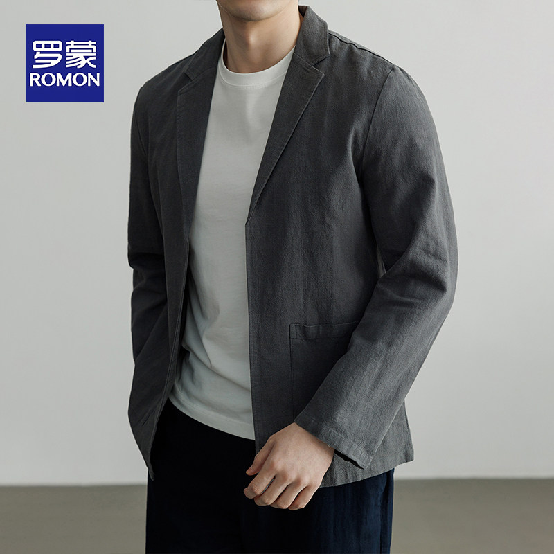 罗蒙男士棉麻老钱风西装秋季中年商务宽松薄款休闲职场西服外套男