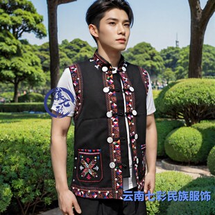 黑色薄款帆布马褂哈尼族拉祜族布朗族佤族铃铛男马夹立领墨江马甲