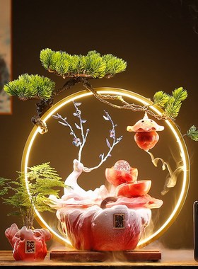 招财流水鹿摆件创意中式循环水生财一路高升办公室乔迁开业礼品