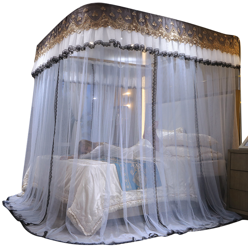 拉绳导轨蚊帐深色轨道式U型加粗加厚不锈钢支架家用双人蚊帐家用