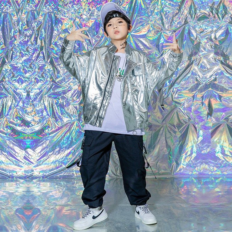 儿童街舞服女孩爵士架子鼓学生hiphop男童嘻哈银色亮皮外套演出服