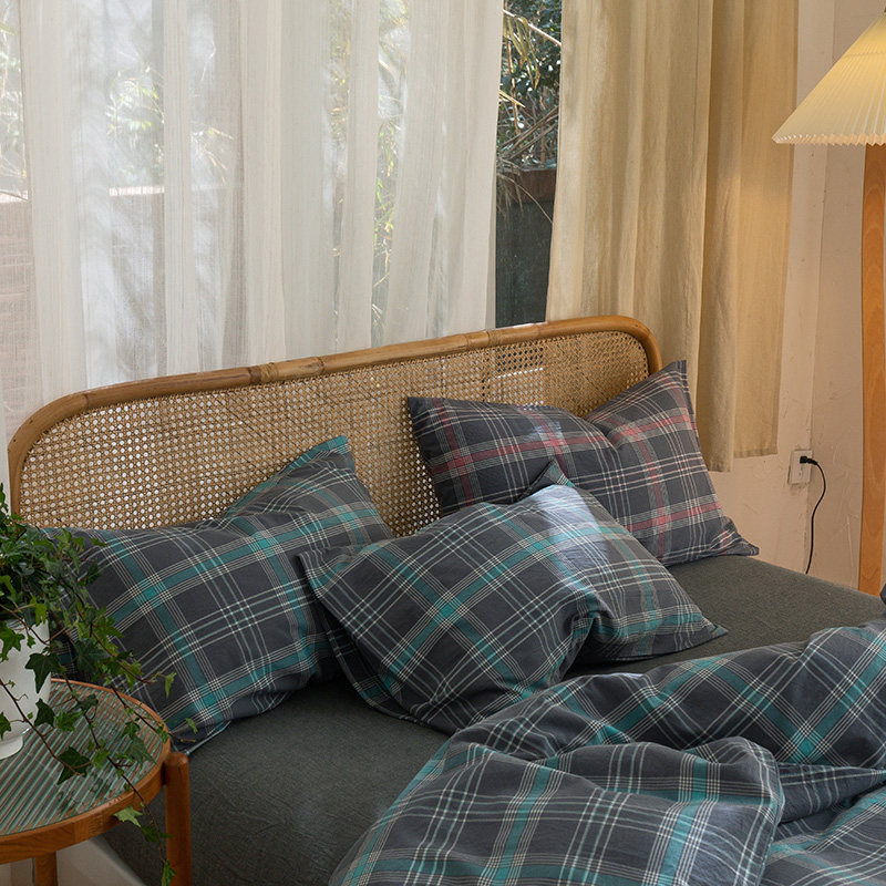 日式简约格纹全棉水洗四件套 纯棉乾爽透气床单笠单双人床上用品