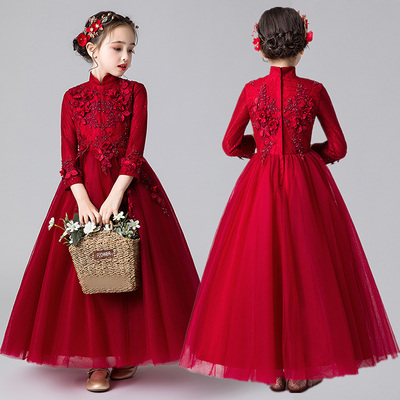 女童红色主持人礼服裙花童婚纱儿童洋气生日公主裙走秀演出服秋冬