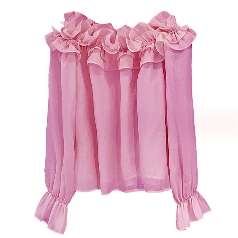 绝美小衫仙气漏锁骨荷叶一字领露肩防晒衬衫粉色法式上衣女高级感