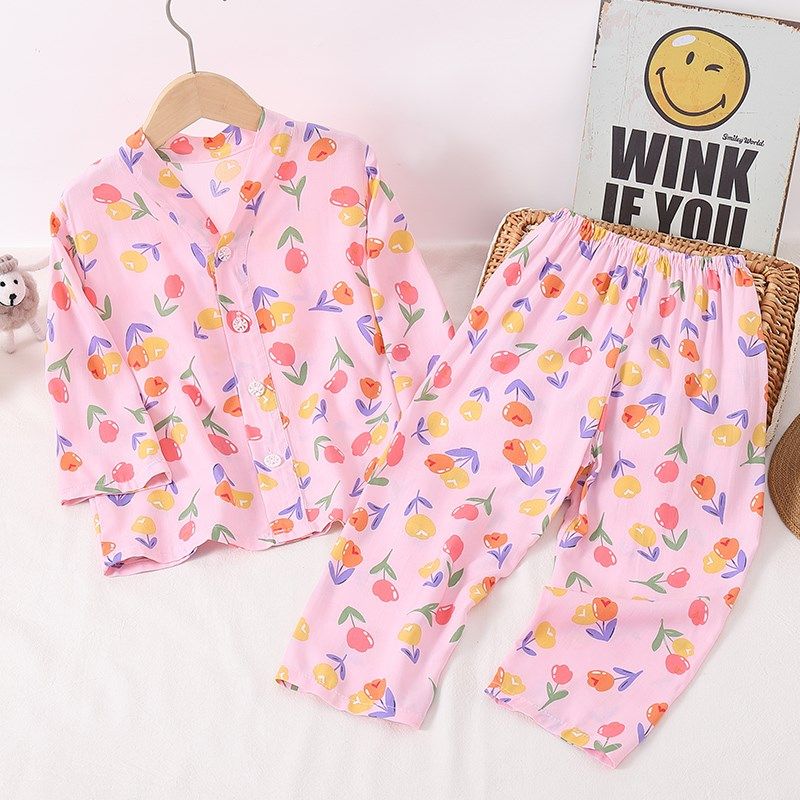 儿童睡衣夏季绵绸2024新款长袖薄款开衫男童女孩棉绸空调服立领