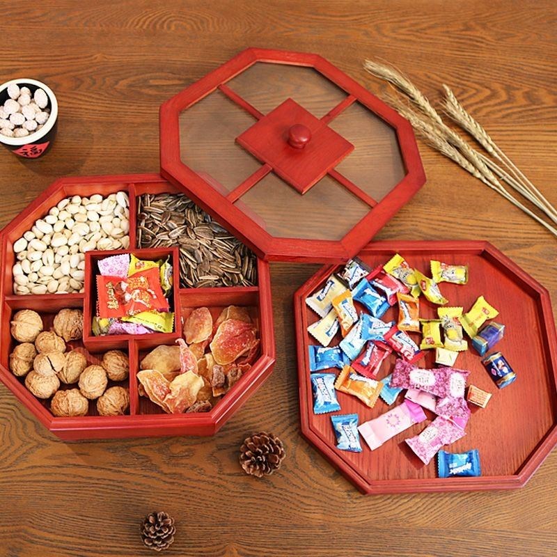 实木质干果盘糖果盒家用木质客厅瓜子点心水果盘零食分格段收纳盒