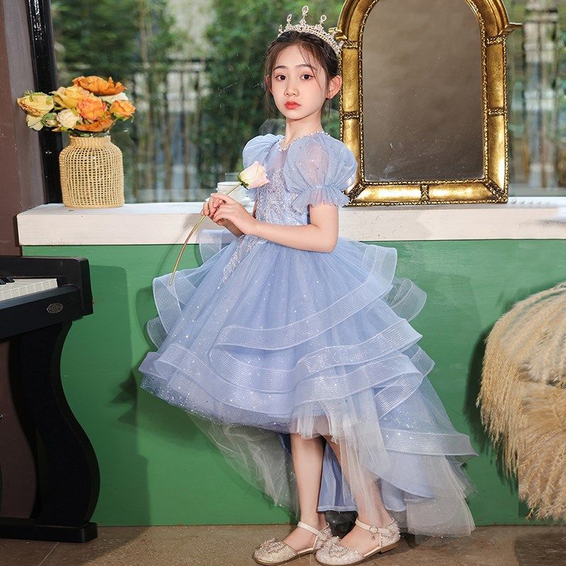 女童礼服高端蓝色公主裙前短后长小女孩主持人儿童钢琴演出服夏季