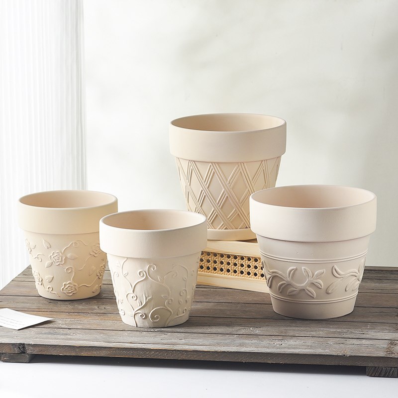 米白色陶瓷花盆陶土简约浮雕粗陶瓦盆家用朱顶红绿萝玫瑰花带托盘