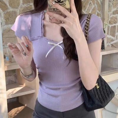 2025夏季新款法式蝴蝶结方领短袖针织衫女设计感小众修身短款上衣