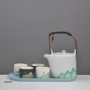 大号手绘茶壶陶瓷不锈钢复古提梁壶茶楼茶具家用陶瓷四杯禅意茶盘
