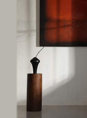 侘寂风实木底h座圆形中古风雕塑台日式家居民宿香樟木墩子落地摆