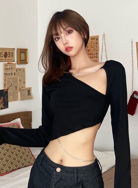 gagaopt 辣妹穿搭不x规则挂链短女超火露脐薄款黑色上衣