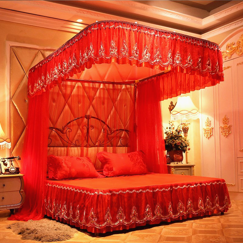 U型轨道蚊帐三开门导轨公主风1.5m1.8米2m双人床加密宫廷婚庆家用