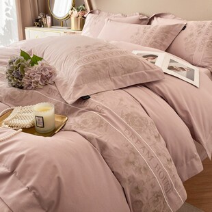 高档200d支纯色纯棉加厚四件套美式 床上用 全棉刺绣100被套秋冬款