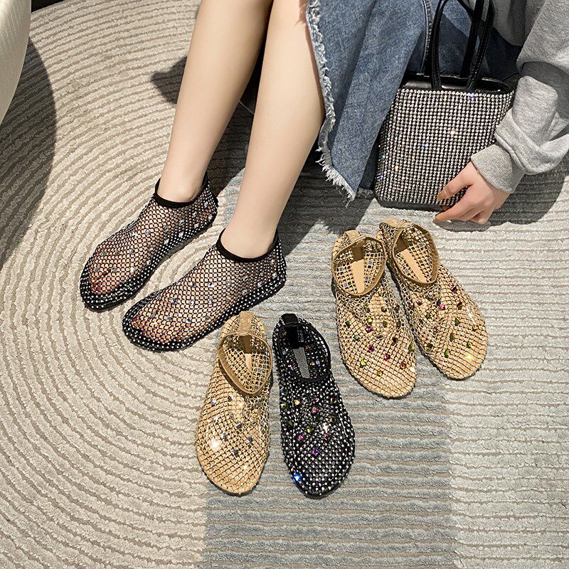 镂空罗马凉鞋女h网靴平底袜靴2024新款夏季外穿高级感百搭水钻凉