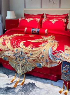 中式龙凤180S长绒棉提花四件套龙凤刺绣纯棉流苏红色被套床上用品
