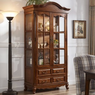 美式实木酒柜别墅双门储物柜欧式玻璃展示柜靠墙小酒W柜装饰餐边