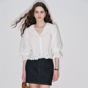 秘密盒子岁月凝香 全棉立体镂空刺绣泡泡袖前短后长法式v领衬衫