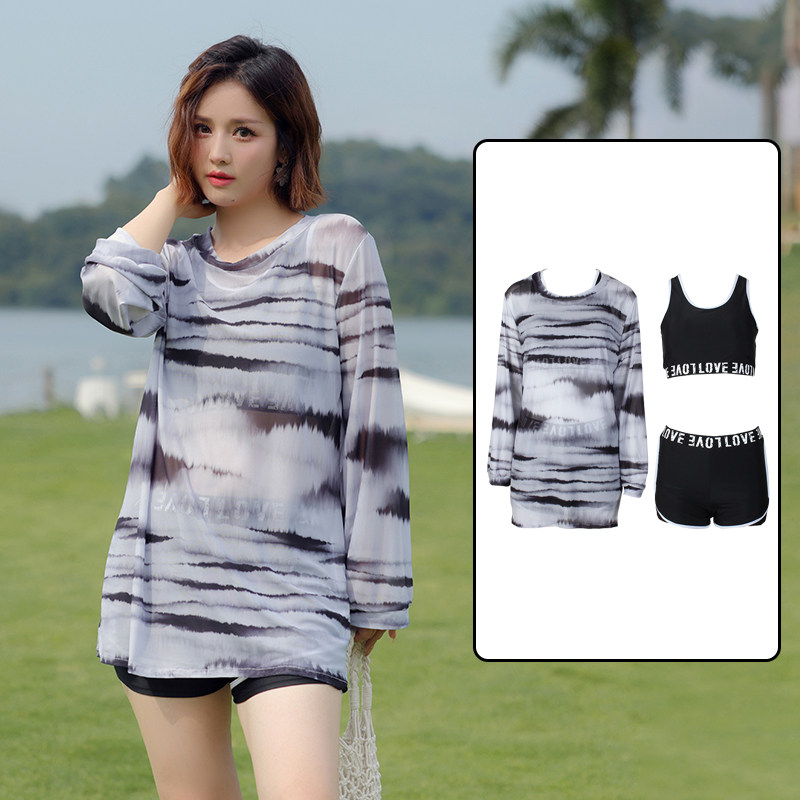 大码泳衣女胖mm200斤分体三件套保守I长袖罩衫遮肚显瘦泡温泉泳装