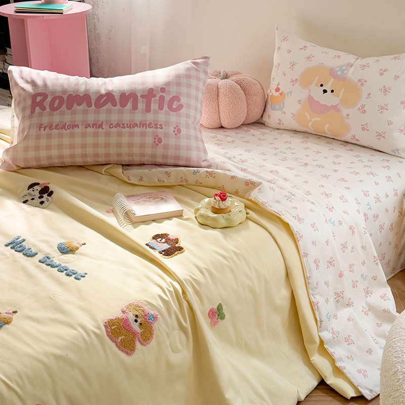 萌宠组合~全棉夏季空调被芯夏凉四件套卡通毛巾绣学生可机洗夏被