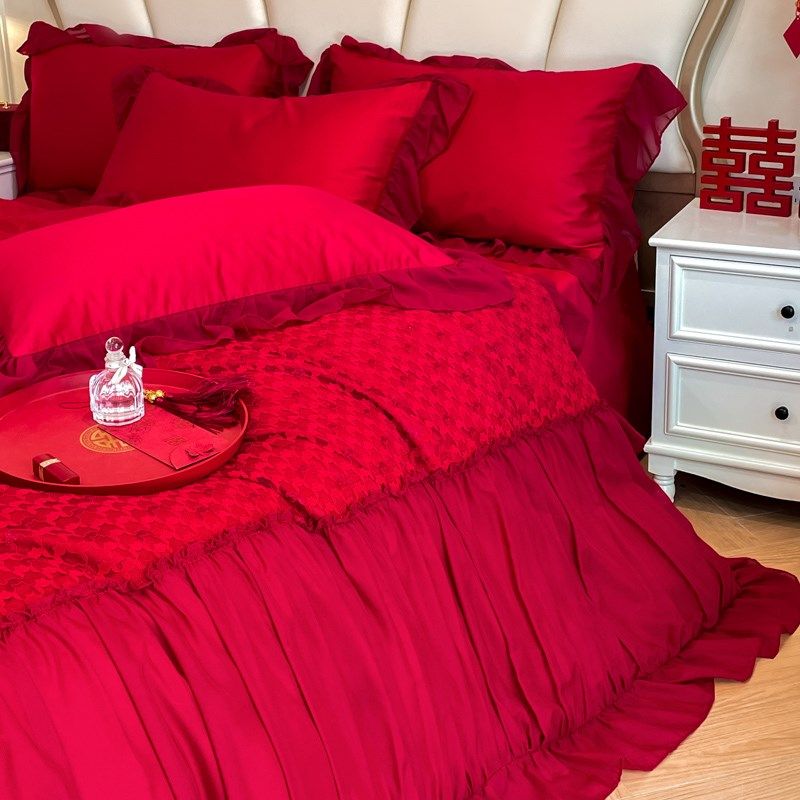 简约结婚四件套红色提花被套亲肤法式床裙款婚房陪嫁婚庆床上用品