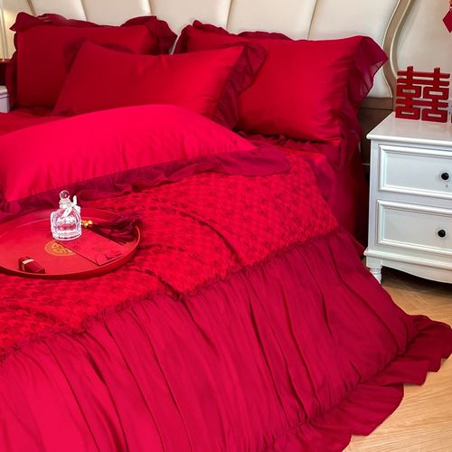 简约结婚四件套红色提花被套亲肤法式床裙款婚房陪嫁婚庆床上用品