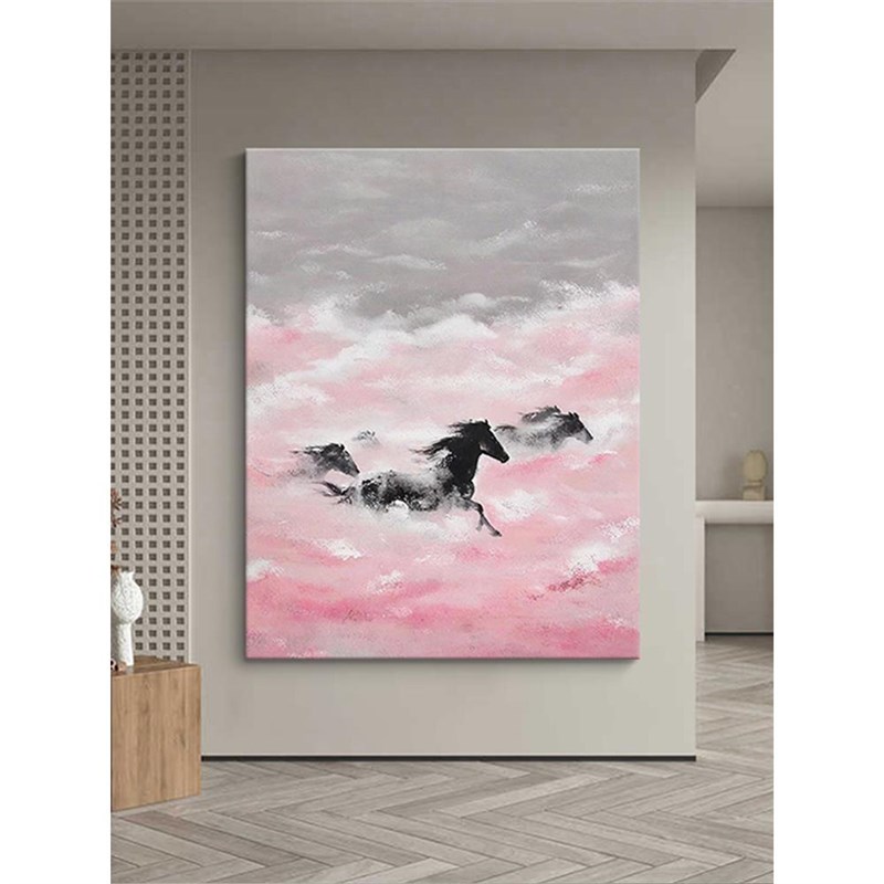 网红抽壁象派腾马骏客厅纯背墙绘装饰画马到成功画手油景画玄奔关