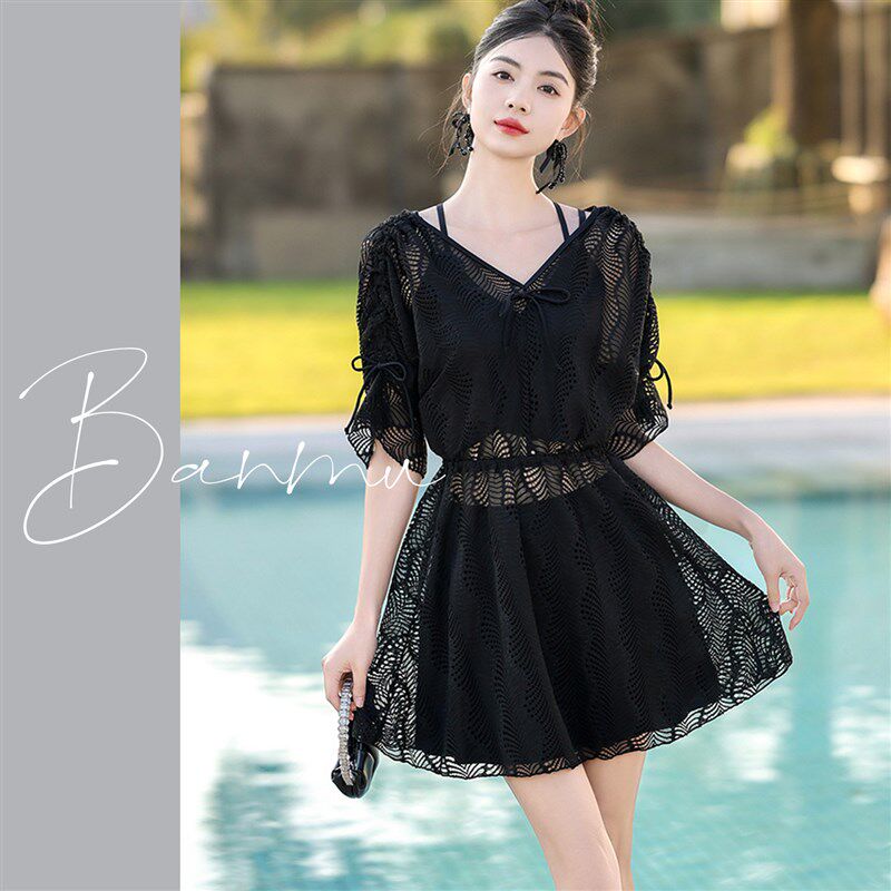 大码胖mm泳衣女裙式分体三件套蕾丝罩衫保守显瘦遮肚泡温泉带胸垫