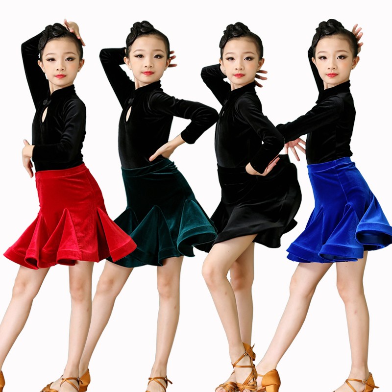 拉丁舞服女儿童秋冬季练功服长袖分体丝绒专业拉丁舞裙比赛表演服