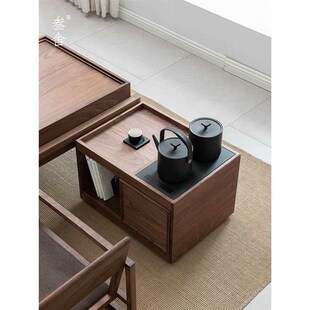 叁舍日式 茶桌侧边柜黑胡桃实木茶水柜茶室家具推车烧水架水壶一体