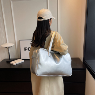 女士短途旅行包女银色大容量时尚外出旅游手提行李包小短期旅行袋