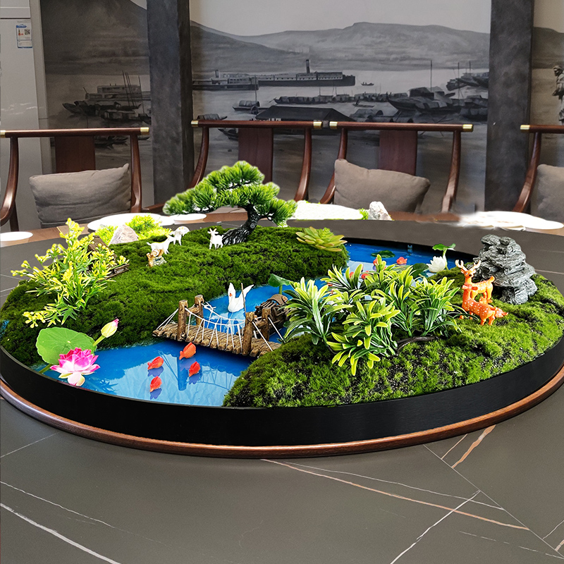 酒店餐桌中间摆件大圆桌中间转盘摆花装饰景观桌花造景饭店新中式