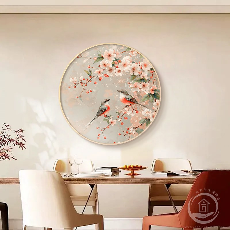 新中式客厅餐厅墙面装饰画圆形花鸟茶室壁画喜上枝头入户玄关挂画图片
