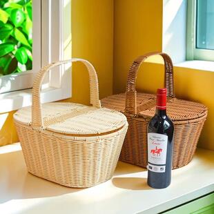 凰图工艺大号藤编手提篮户外活动野餐篮编织食物收纳篮采摘水果篮