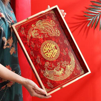 红色敬茶杯套装中式特大托 托盘长方形陪嫁敬酒结婚喜盘敬茶盘干