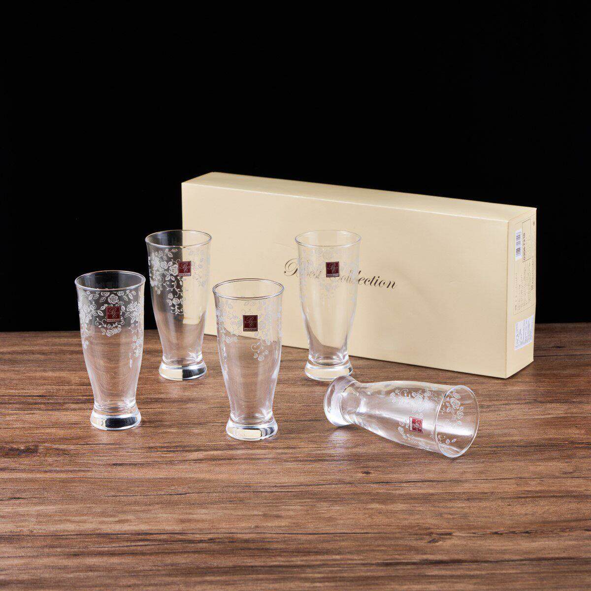 [玻璃王]日本东洋佐佐木玫瑰贴花玻璃杯比尔森啤酒杯白酒杯5个装